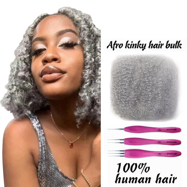 Exyhair #Grey Tight Afro Kinky Bulk 100% Human Hair for Ideal to Make/ Repair Afro Hair Braids, Dreadlocks Extension, Afro Twist, with Crochet Hook