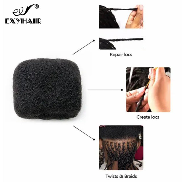 Exyhair 18 inch Tight Afro Kinky Bulk 100% Human Hair for Ideal to Make/ Repair Afro Hair Braids, Dreadlocks Extension, Afro Twist with Crochet Hook