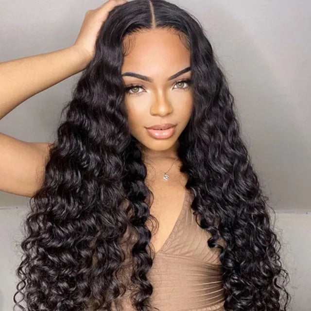 Exyhair 180% density Virgin Human Hair Deep Wave Lace Frontal Wig Natural Color