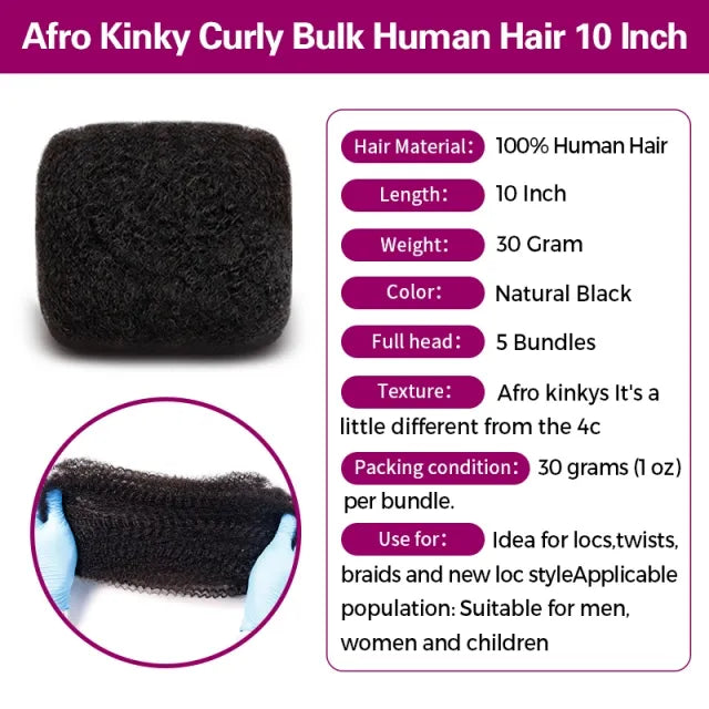 Exyhair 10 inch Best Selling Tight Afro Kinky Bulk Human Hair for Dreadlocks Twisting and Braiding, Afro Twist, with Crochet Hook