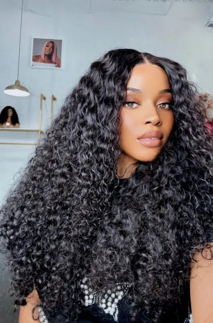 Exyhair 180% density Virgin Human Hair Deep Curly Lace Frontal Wig Natural Color
