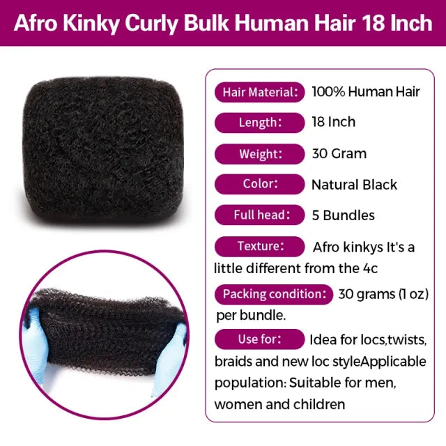 Exyhair 18 inch Tight Afro Kinky Bulk 100% Human Hair for Ideal to Make/ Repair Afro Hair Braids, Dreadlocks Extension, Afro Twist with Crochet Hook