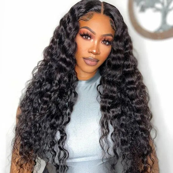 Exyhair 180% density Virgin Human Hair Deep Wave Lace Frontal Wig Natural Color