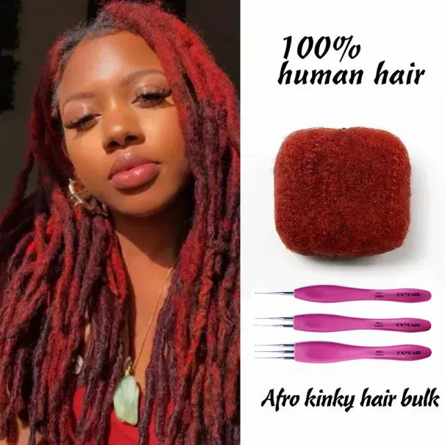Exyhair #RED Color Tight Afro Kinky Bulk Human Hair for Draedlock Extensions, Repair Locs, Twists and Braids