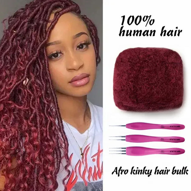 Exyhair #Aubergine (burgundy) Tight Afro Kinky Bulk Human Hair for Draedlock Extensions, Repair Locs, Twists and Braids, with Crochet Hook