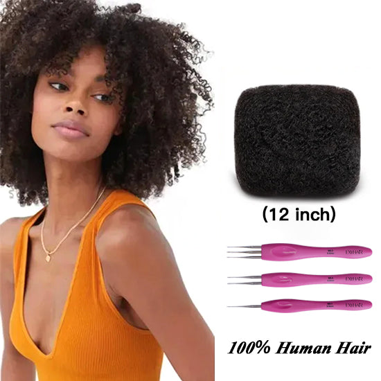 Exyhair 12 inch Tight Afro Kinky Bulk 100% Human Hair for Ideal to Make/ Repair Afro Hair Braids, Dreadlocks Extension, Afro Twist, with Crochet Hook