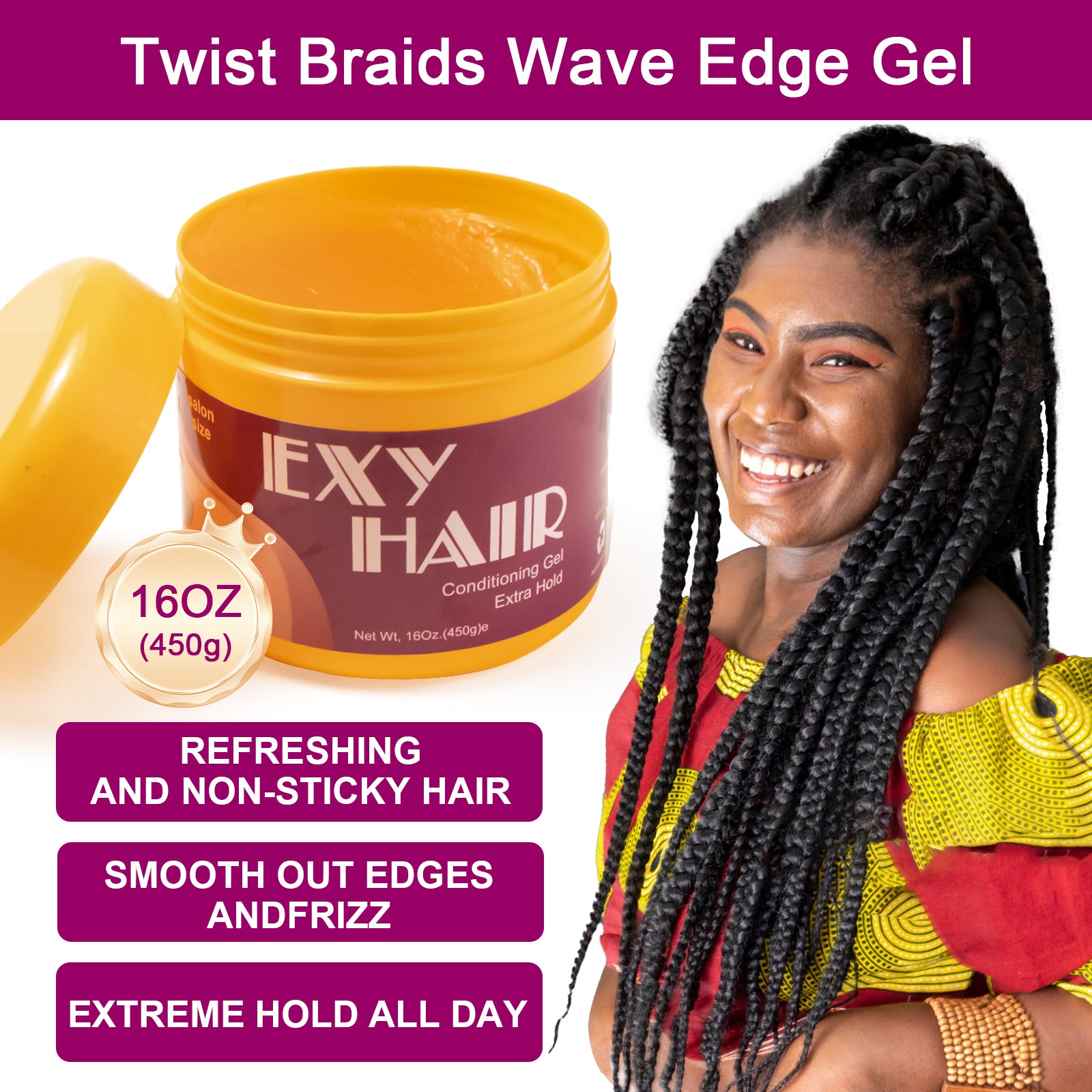 Exyhair Extra Hold Hair Styling Gel 8 oz 16 oz For Twists Braids Locs and Edges Non Flaking Alcohol Free with Argan Jojoba and Olive Oils