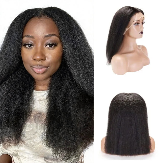 Exyhair Kinky Straight Lace Frontal Wigs 180% Density Top Quality Virgin Human Hair Natural Color