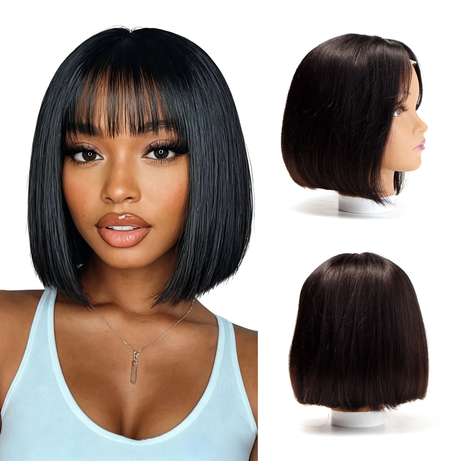 Exyhair 180% Density Glueless Straight Short Bob Wig with Bangs Natural Black 4*1 Lace Human Hair Wig