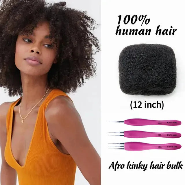 Exyhair 12 inch Tight Afro Kinky Bulk 100% Human Hair for Ideal to Make/ Repair Afro Hair Braids, Dreadlocks Extension, Afro Twist, with Crochet Hook