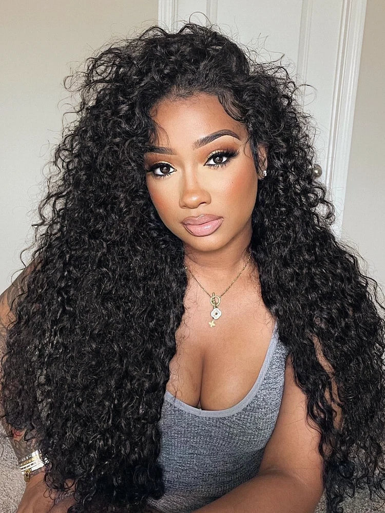 Exyhair Deep Curly Lace Frontal Wig 180% density Virgin Human Hair Natural Color