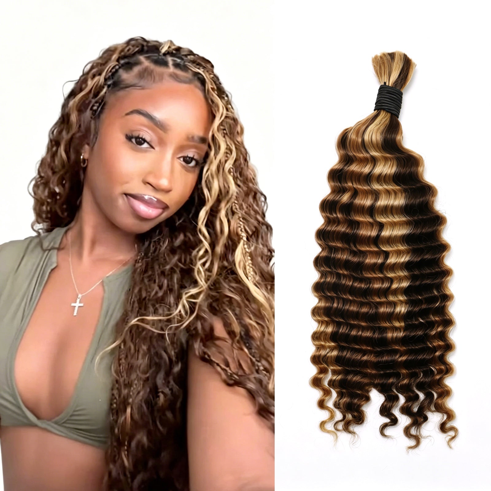 Exyhair 60G Water Wave Natural Black Bulk Human Hair Extensions for boho knotless braiding hair, twist, braids and miracle knots
