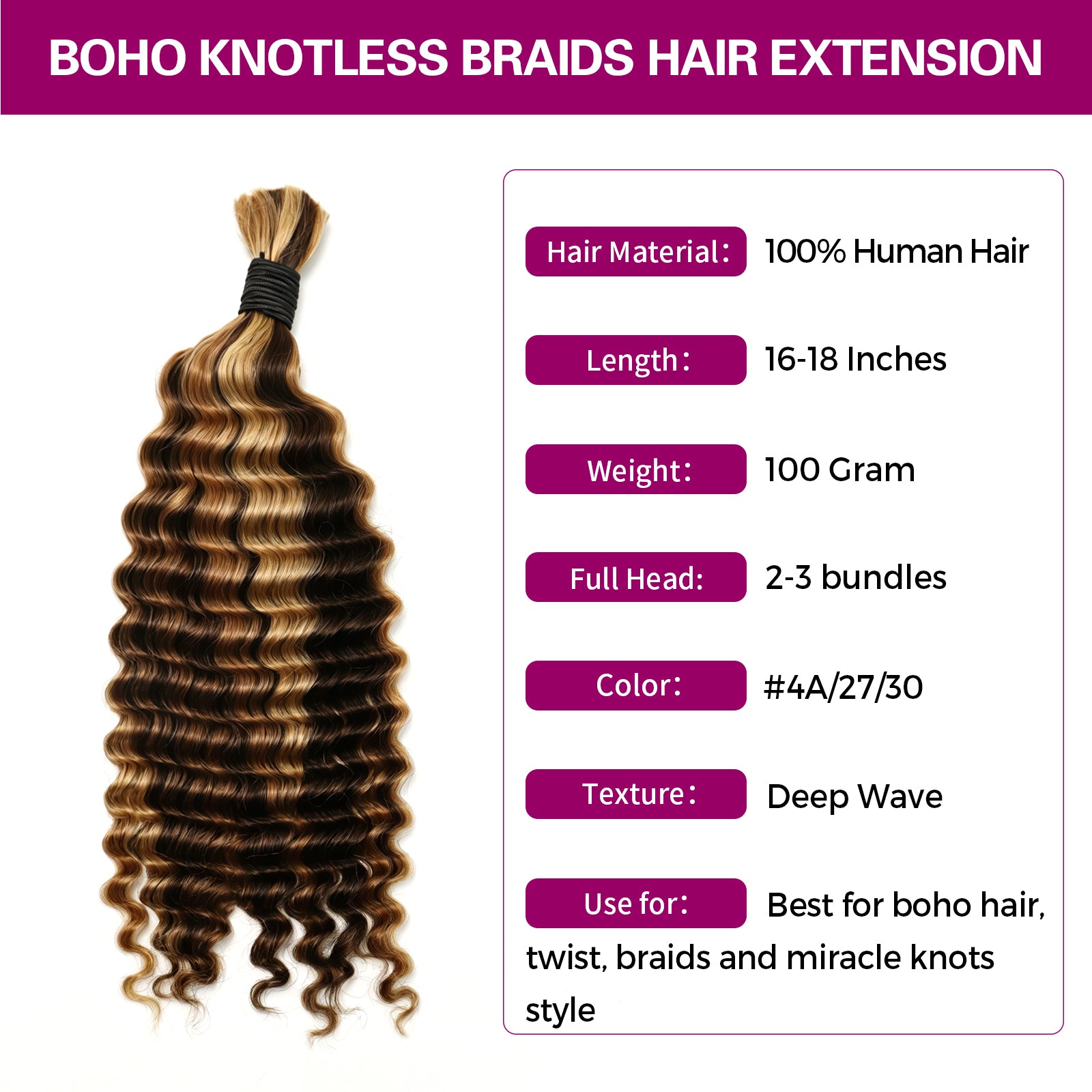 Exyhair 60G Water Wave Natural Black Bulk Human Hair Extensions for boho knotless braiding hair, twist, braids and miracle knots