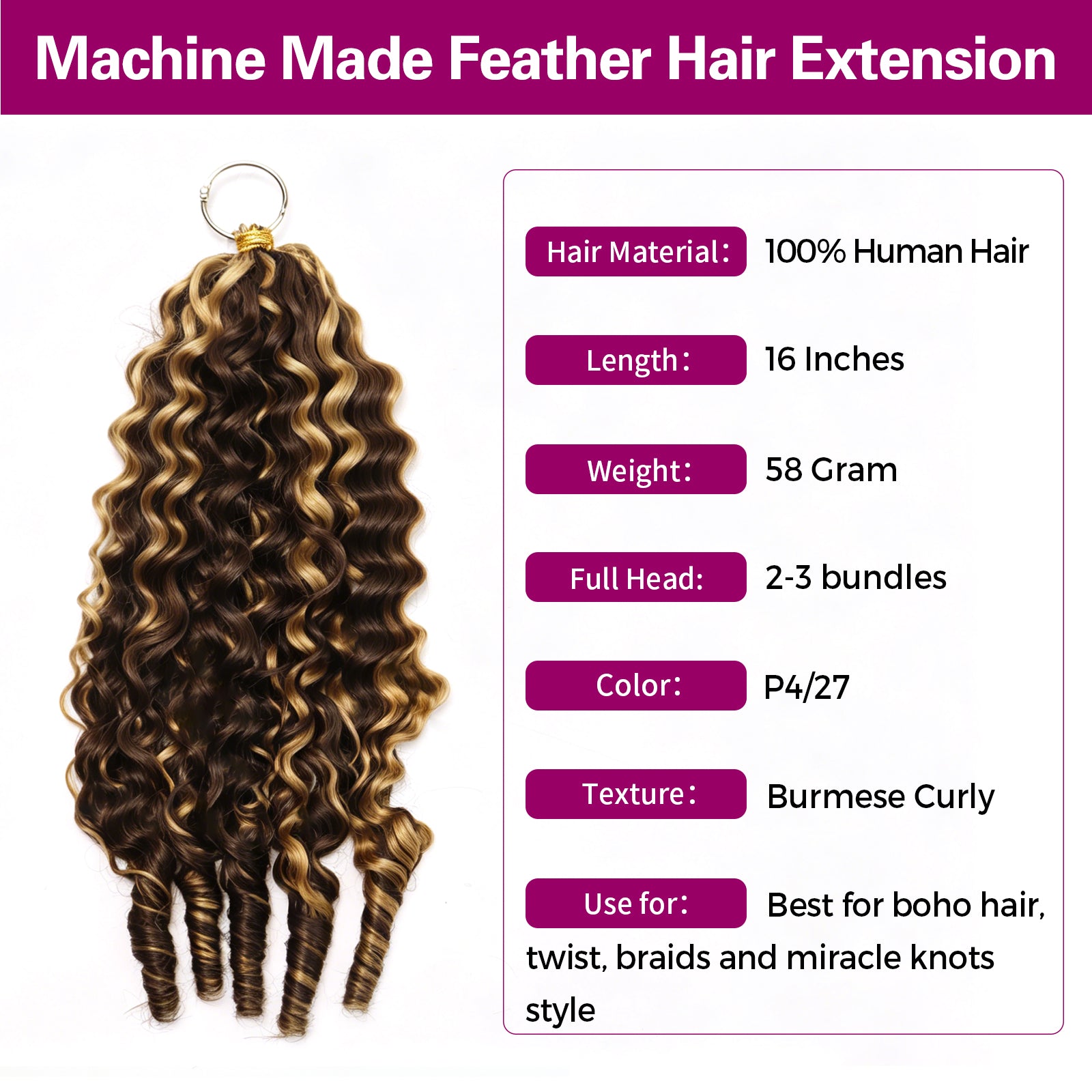 Exyhair 60G Burmese Curly Natural Black Feather Crochet Hair Extension for boho hair, twist, braids and miracle knots