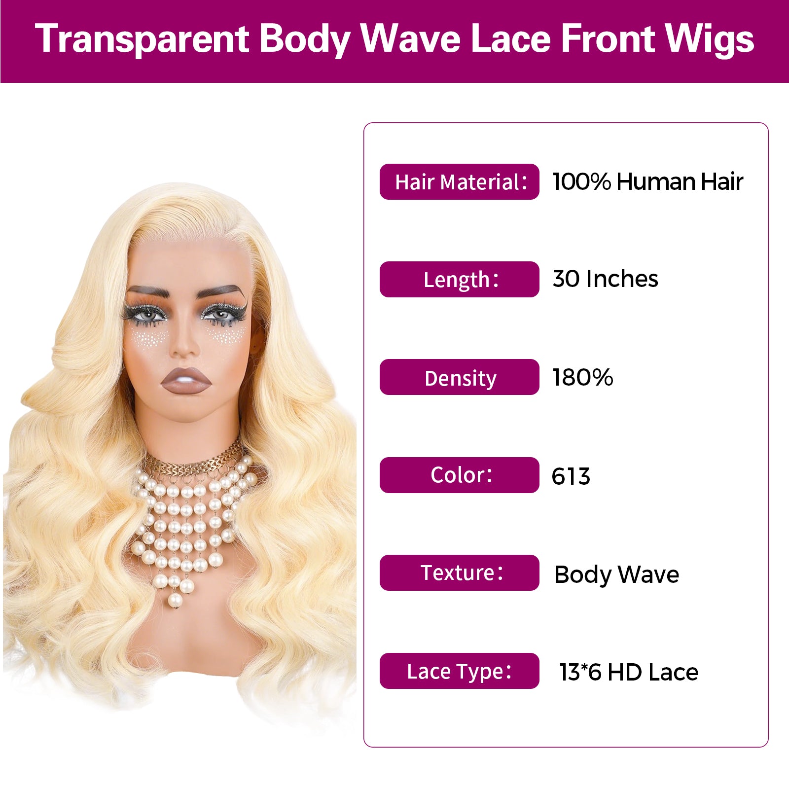 Exyhair 30 Inch Color 613 Honey Blonde 180% Density 13x6 Lace Front Body Wave Human Hair Wig