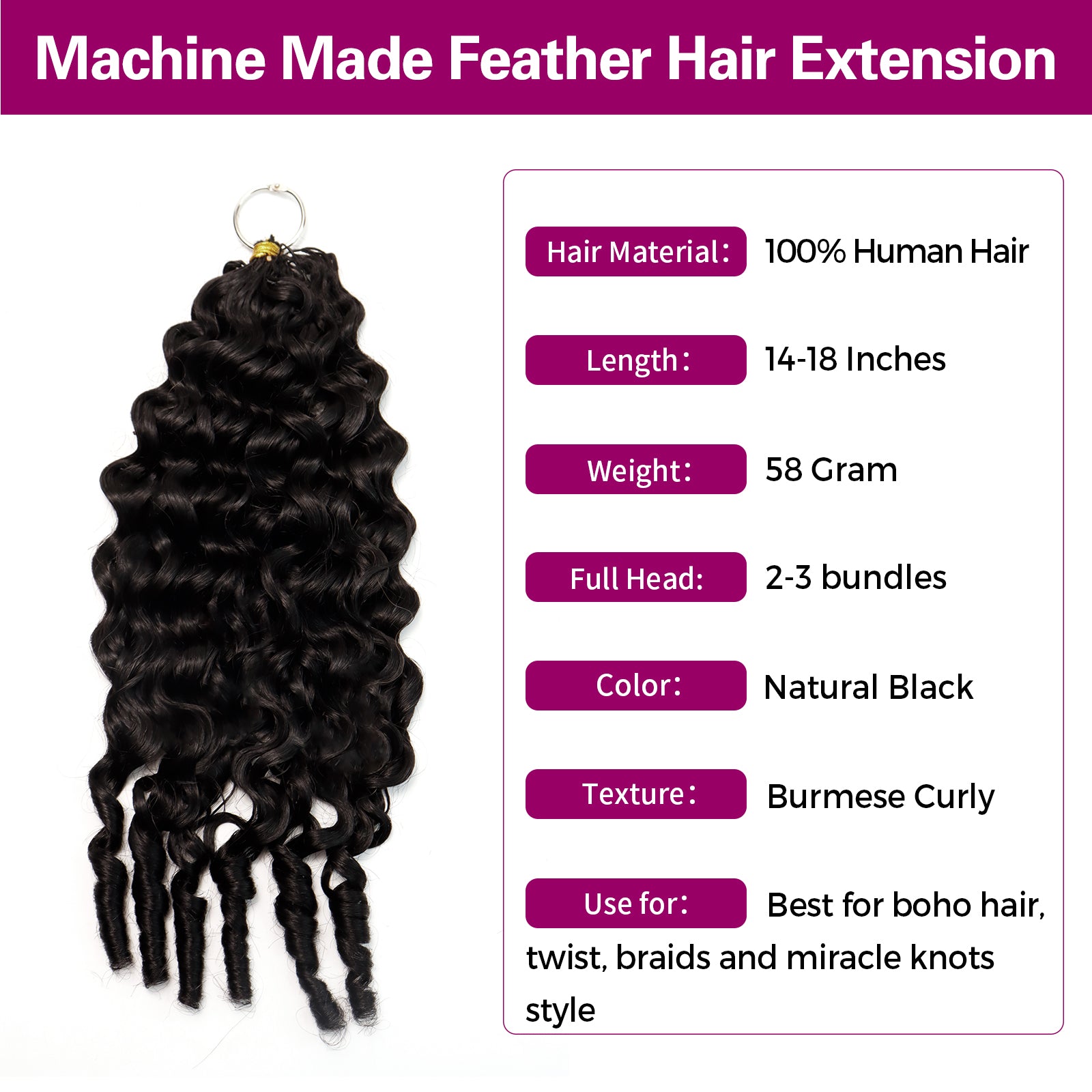 Exyhair 60G Burmese Curly Natural Black Feather Crochet Hair Extension for boho hair, twist, braids and miracle knots