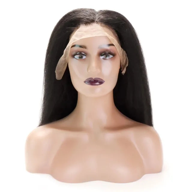 180% Density Top Quality Virgin Human Hair Kinky Straight Lace Frontal Wigs Natural Color