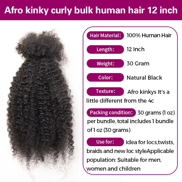 Afro Kinky Curly Human Hair Bulk Curly Texture for Permanent Micro Locs,Twists, Braids, Repair Locs (#1B Natural Black)