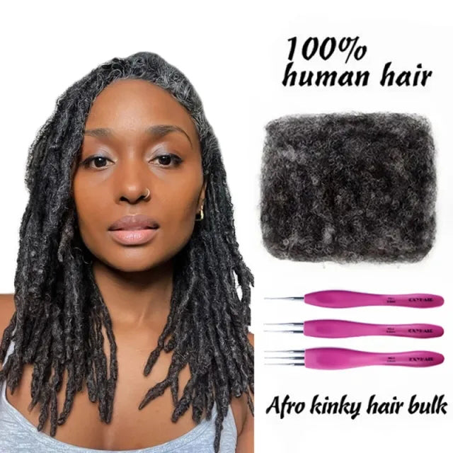Exyhair #Salt and Pepper Tight Afro Kinky Bulk 100% Human Hair for Ideal to Make/ Repair Afro Hair Braids, Dreadlocks Extension, Afro Twist, with Crochet Hook