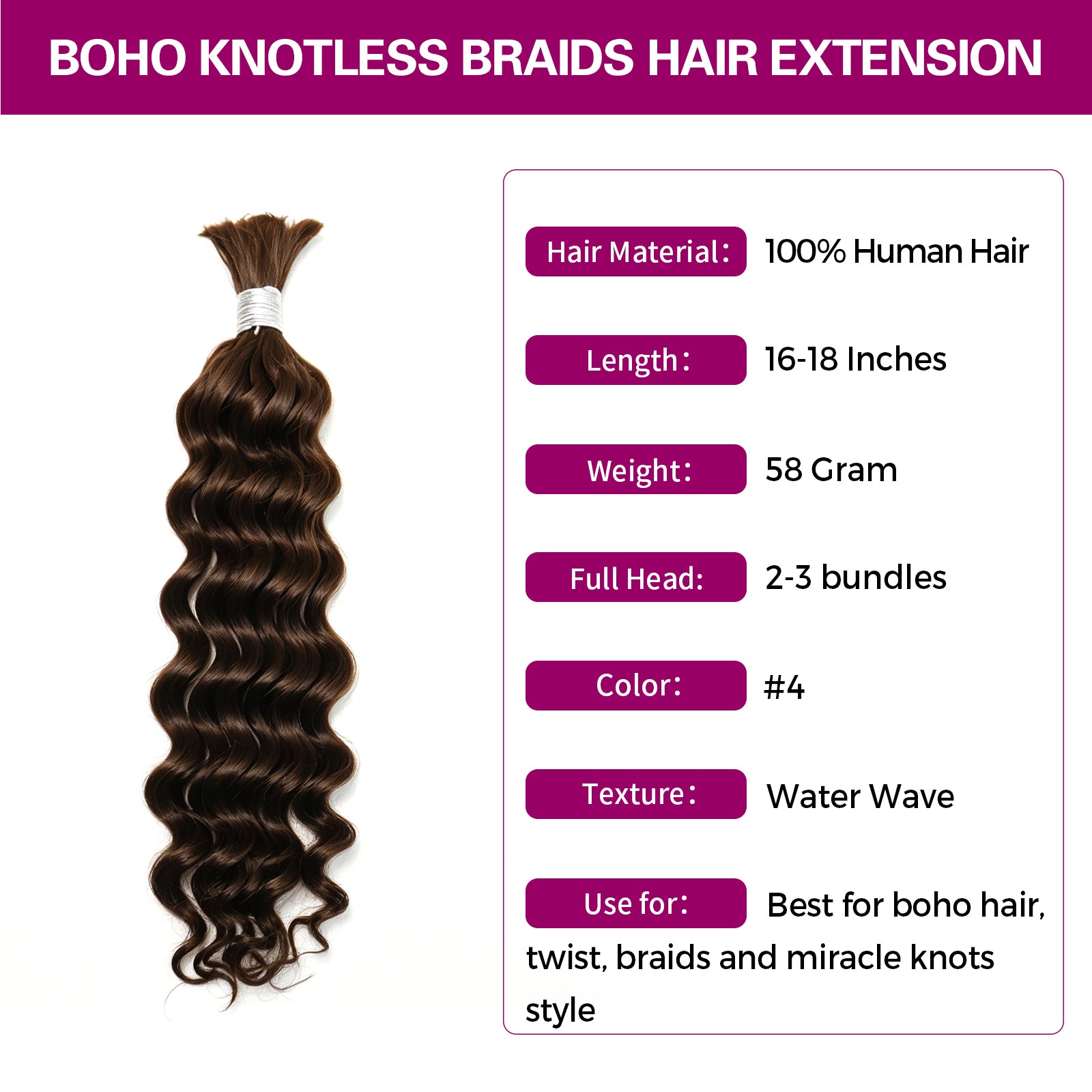 Exyhair 60G Water Wave Natural Black Bulk Human Hair Extensions for boho knotless braiding hair, twist, braids and miracle knots