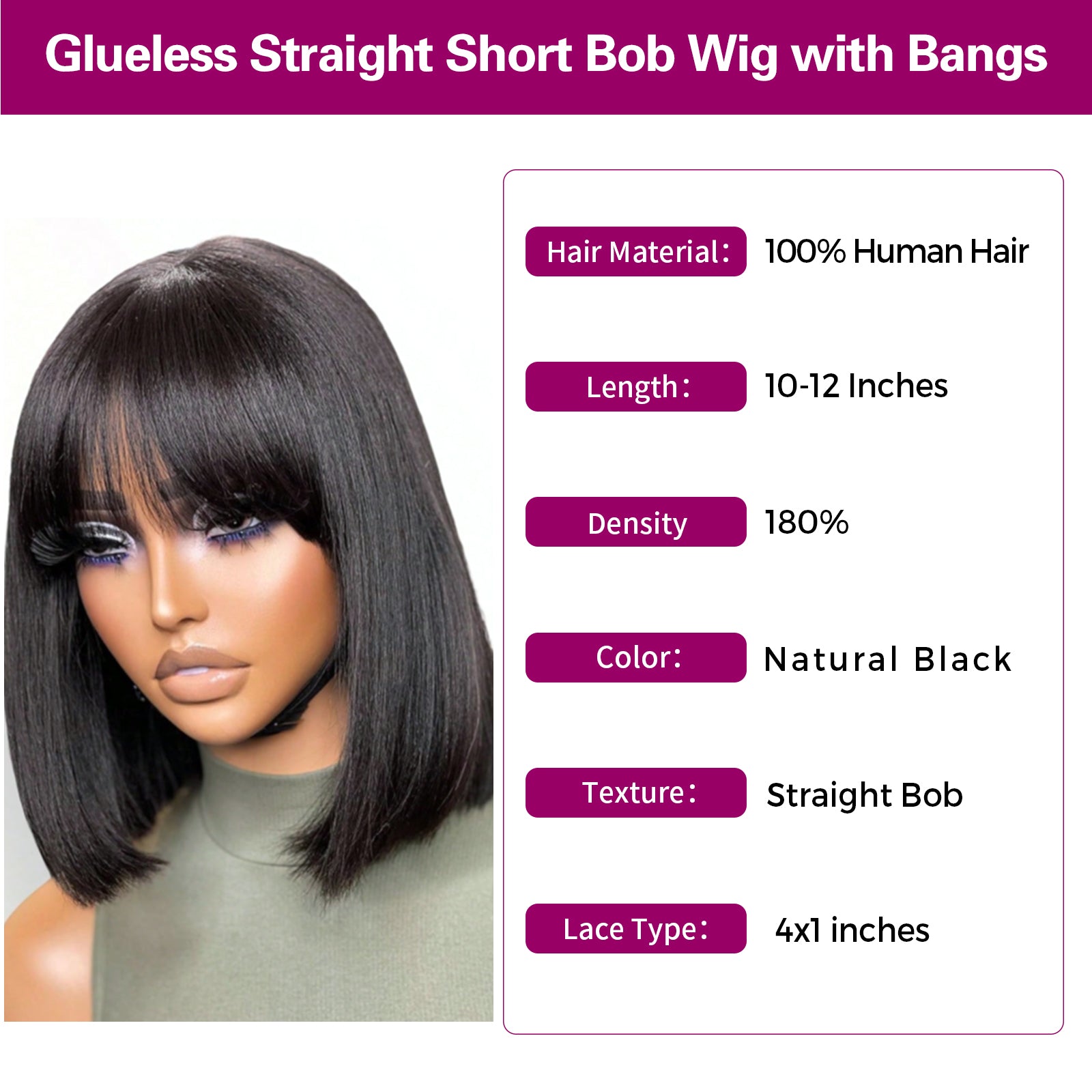 Exyhair 180% Density Glueless Straight Short Bob Wig with Bangs Natural Black 4*1 Lace Human Hair Wig