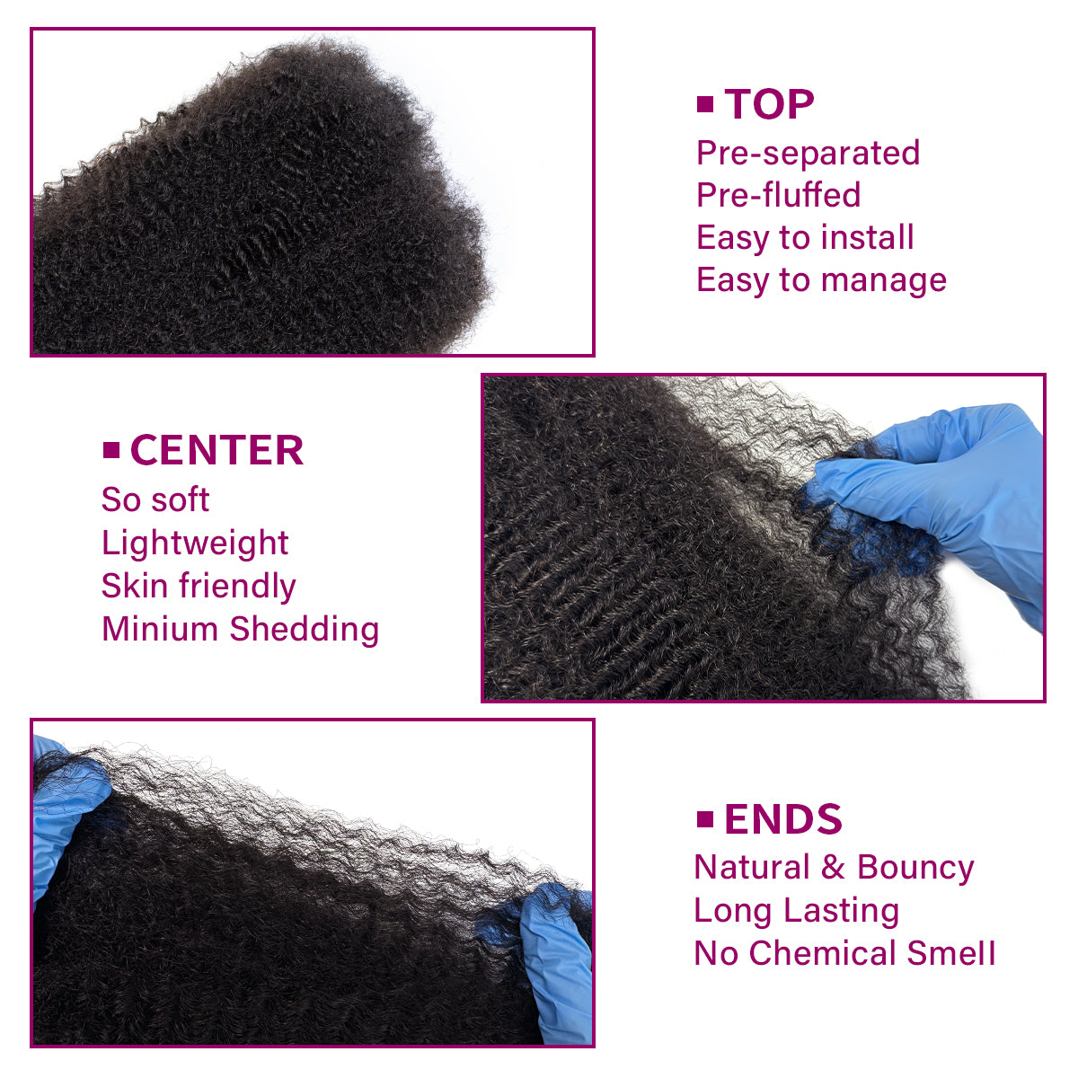 Exyhair Afro Kinky Bulk 100% Human Hair Bundles, Kinky Curly 3 Pack 1B Natural Black, Perfect for Braiding, Twists & Dreadlocks with Crochet Hook