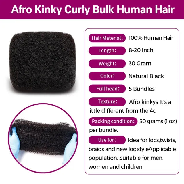 Exyhair 5 Packs 150g Tight Afro Kinky Bulk Human Hair for Dreadlocks Twisting and Braiding with Crochet Hook