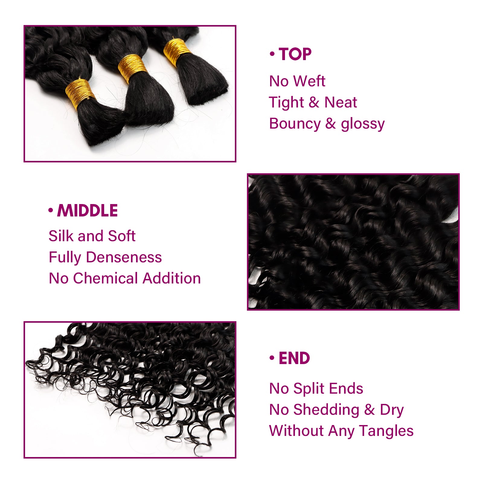 Exyhair 60G Water Wave Natural Black Bulk Human Hair Extensions for boho knotless braiding hair, twist, braids and miracle knots