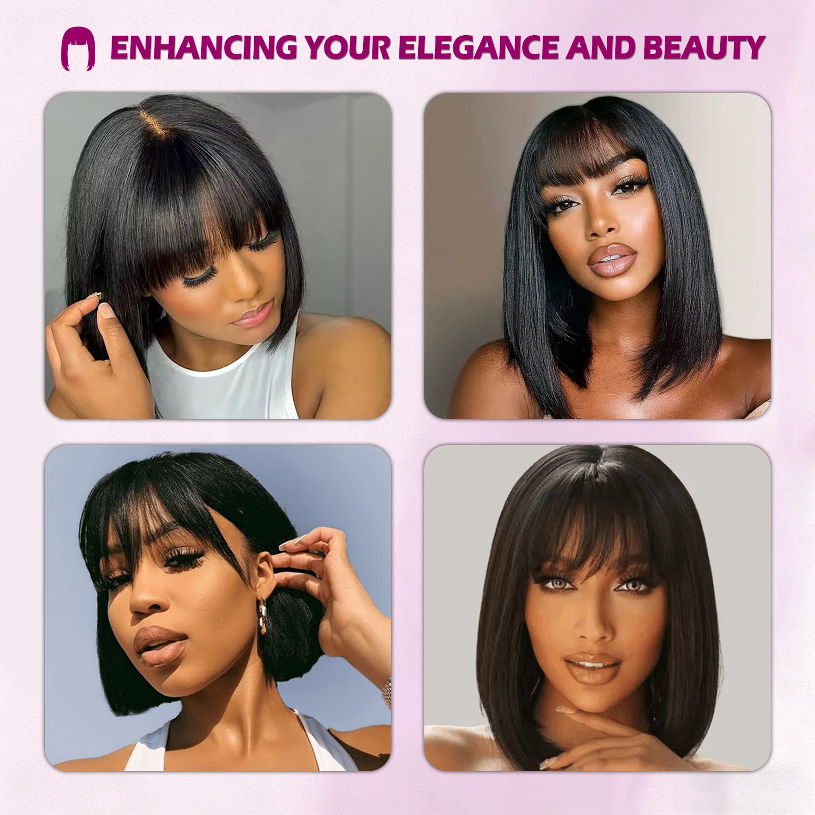 Exyhair 180% Density Glueless Straight Short Bob Wig with Bangs Natural Black 4*1 Lace Human Hair Wig