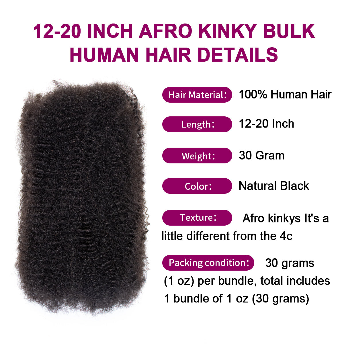 Exyhair Afro Kinky Bulk 100% Human Hair Bundles, Kinky Curly 3 Pack 1B Natural Black, Perfect for Braiding, Twists & Dreadlocks with Crochet Hook