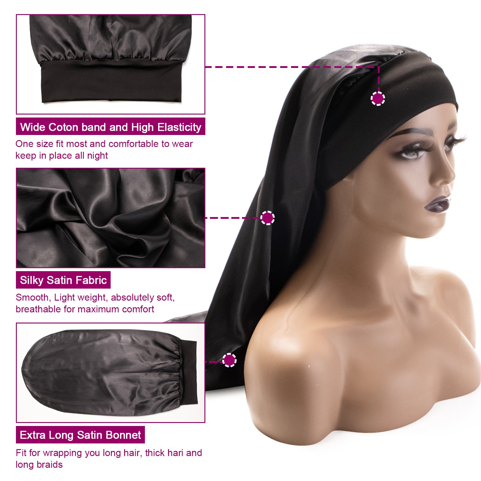 Exyhair Extra Large Satin Sleep Cap for Women with Long Hair, Braids, or Dreadlocks Oversized Night Bonnet for Natural Hair Protection