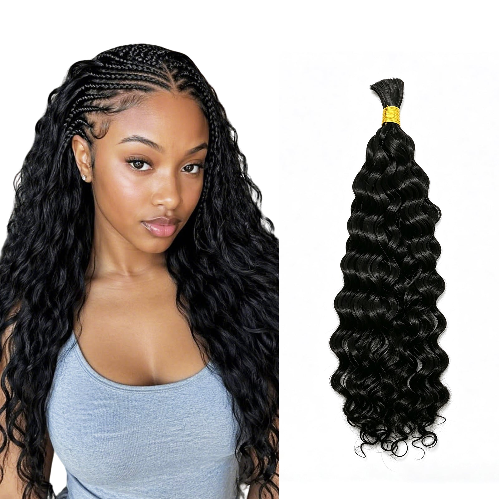 Exyhair 60G Water Wave Natural Black Bulk Human Hair Extensions for boho knotless braiding hair, twist, braids and miracle knots