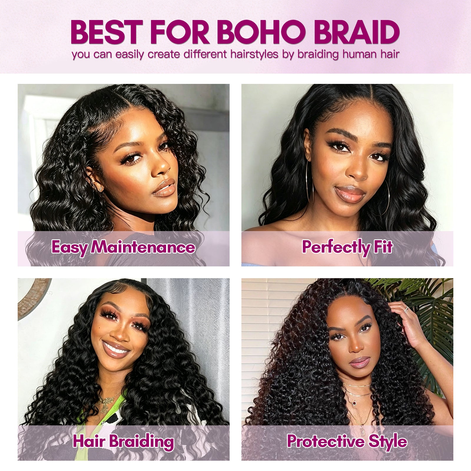 Exyhair 60G Water Wave Natural Black Bulk Human Hair Extensions for boho knotless braiding hair, twist, braids and miracle knots