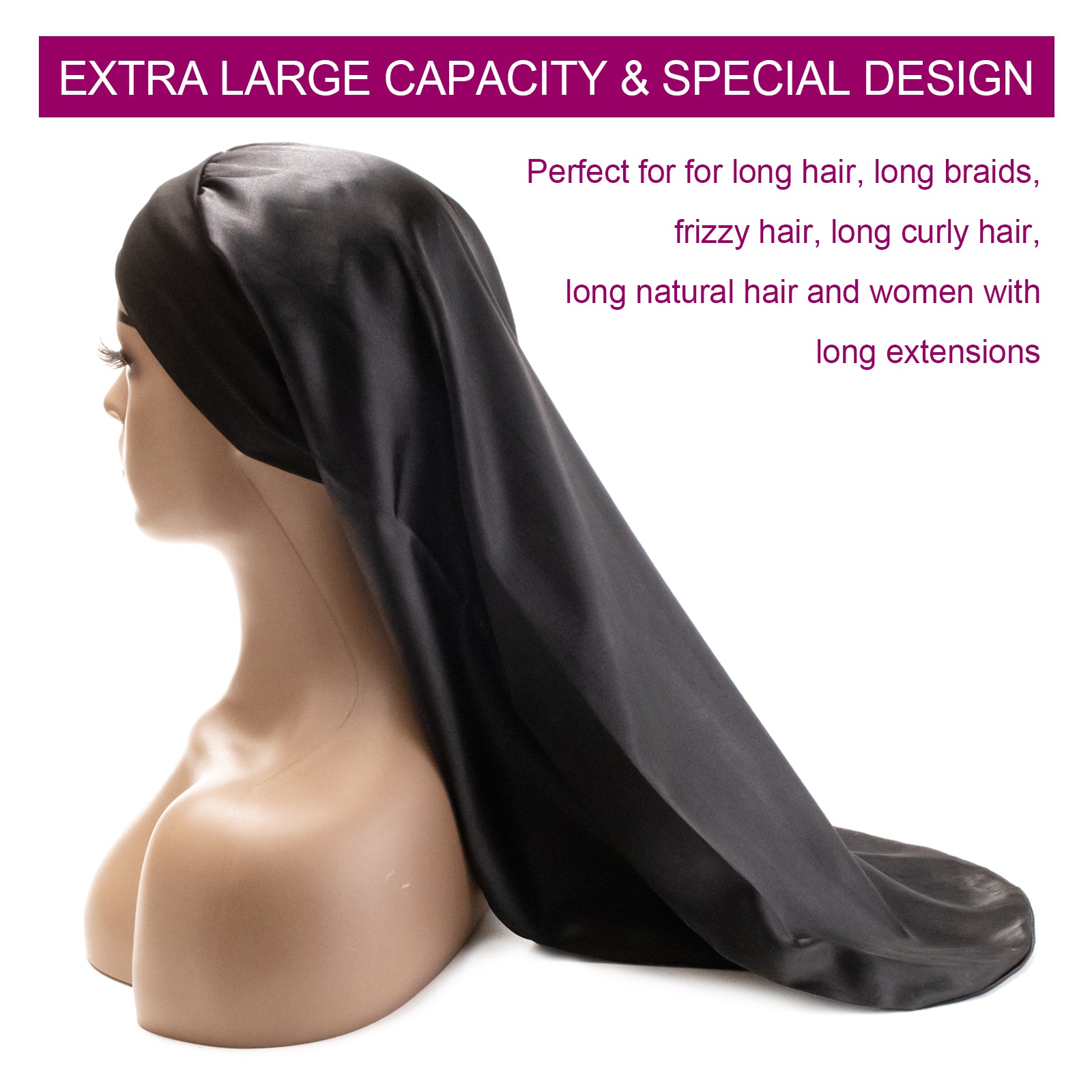 Exyhair Extra Large Satin Sleep Cap for Women with Long Hair, Braids, or Dreadlocks Oversized Night Bonnet for Natural Hair Protection