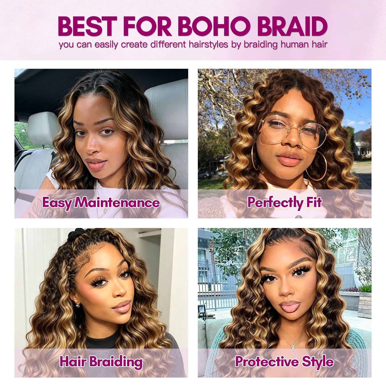 Exyhair 60G Water Wave Natural Black Bulk Human Hair Extensions for boho knotless braiding hair, twist, braids and miracle knots