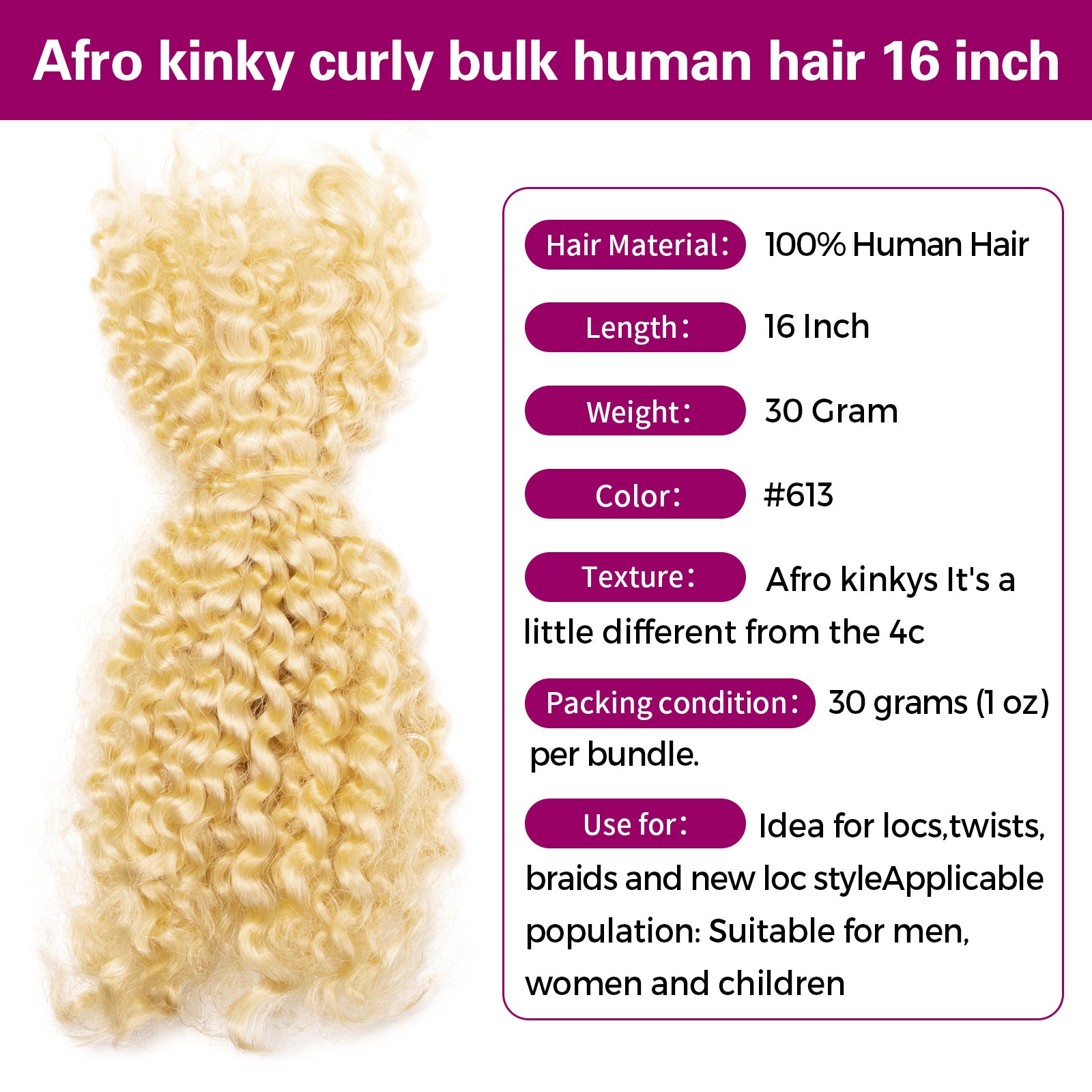 Exyhair Afro Kinky Curly Human Hair Bulk Curly Texture for Permanent Micro Locs,Twists, Braids, Repair Locs (#1B Natural Black)