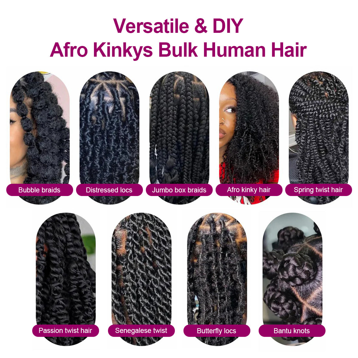 Exyhair Afro Kinky Bulk 100% Human Hair Bundles, Kinky Curly 3 Pack 1B Natural Black, Perfect for Braiding, Twists & Dreadlocks with Crochet Hook