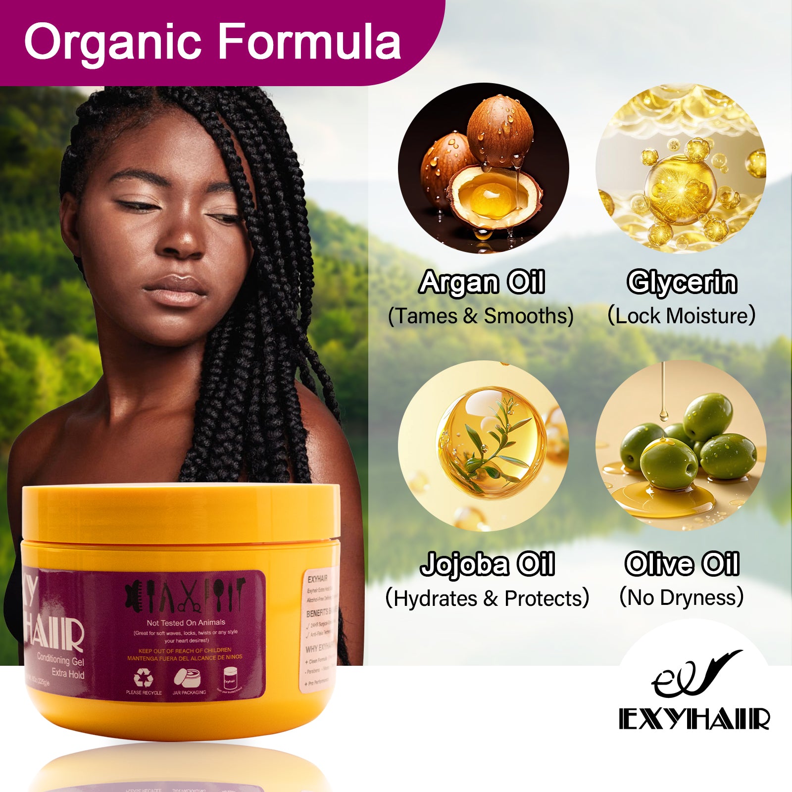 Exyhair Extra Hold Hair Styling Gel 8 oz 16 oz For Twists Braids Locs and Edges Non Flaking Alcohol Free with Argan Jojoba and Olive Oils
