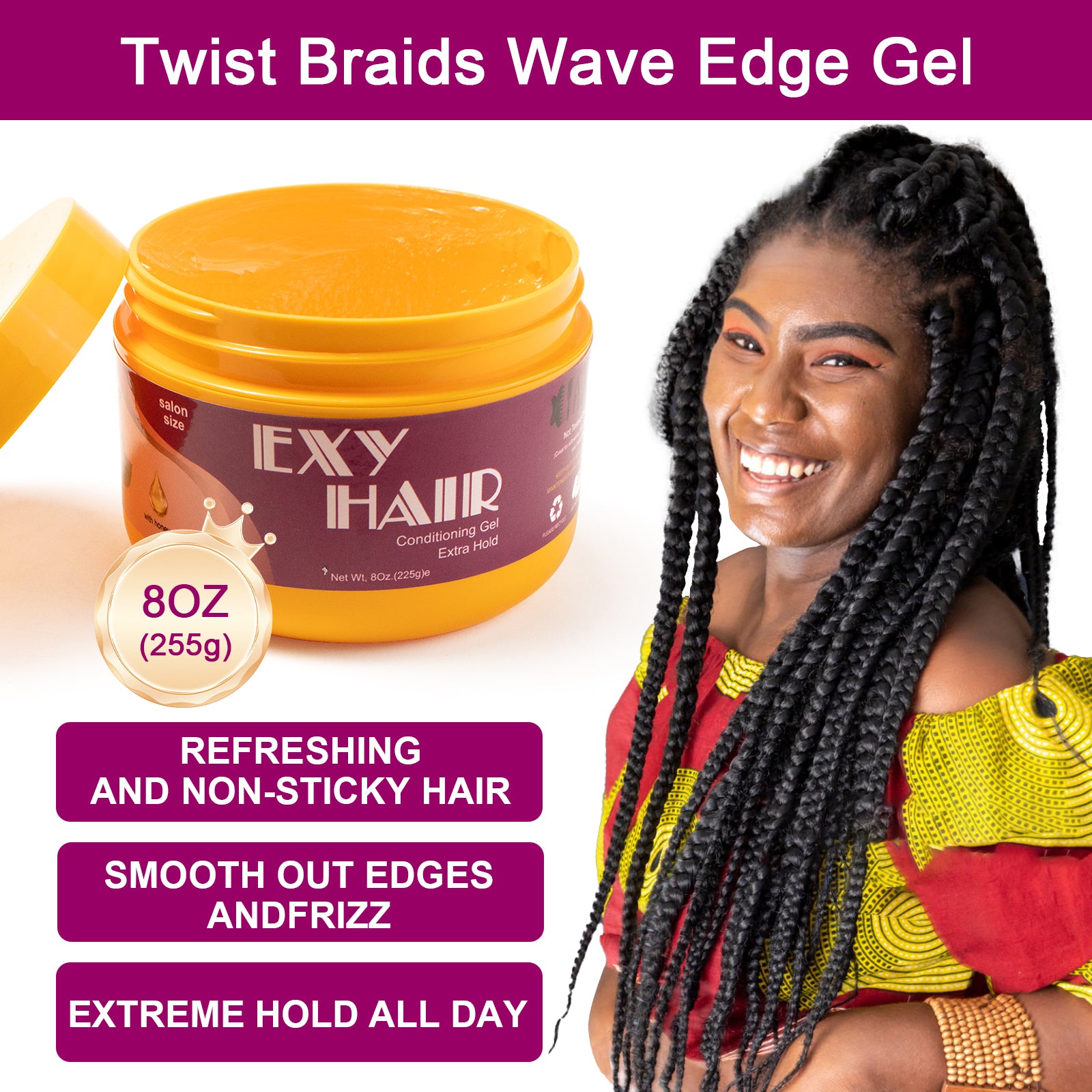 Exyhair Extra Hold Hair Styling Gel 8 oz 16 oz For Twists Braids Locs and Edges Non Flaking Alcohol Free with Argan Jojoba and Olive Oils