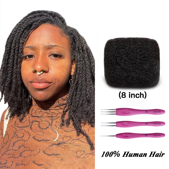 Exyhair 8 inch Tight Afro Kinky Bulk 100% Human Hair for Dreadlocks Twisting and Braiding, Afro Twist, with Crochet Hook