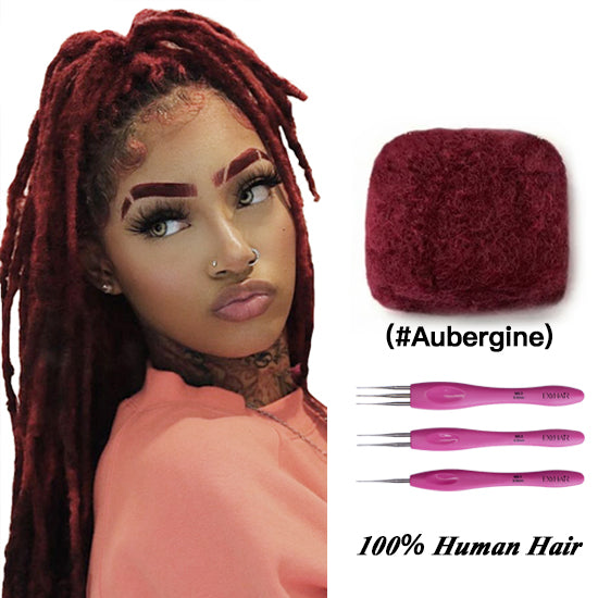 Exyhair #Aubergine (burgundy) Tight Afro Kinky Bulk Human Hair for Draedlock Extensions, Repair Locs, Twists and Braids, with Crochet Hook