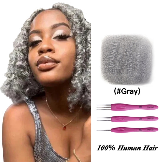 Exyhair #Gray Tight Afro Kinky Bulk 100% Human Hair for Ideal to Make/ Repair Afro Hair Braids, Dreadlocks Extension, Afro Twist, with Crochet Hook