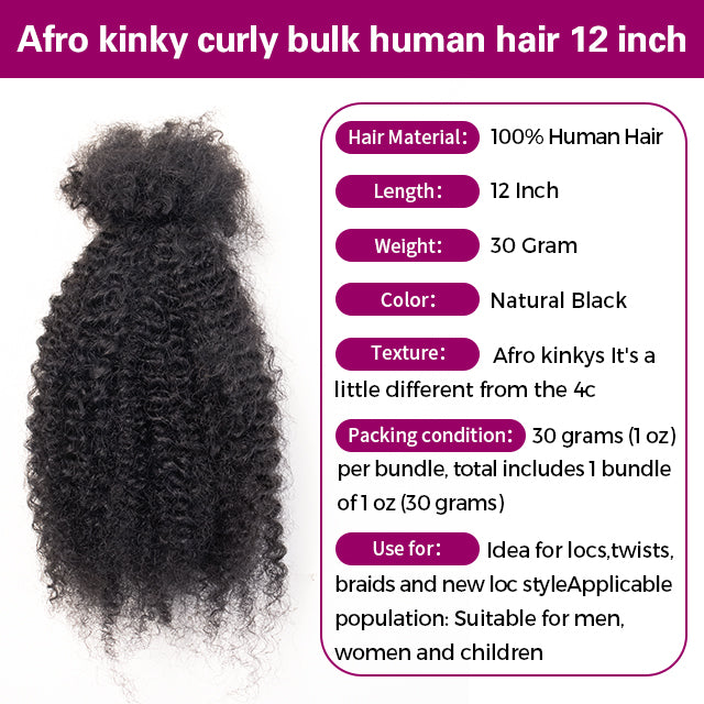 Exyhair Afro Kinky Curly Human Hair Bulk Curly Texture for Permanent Micro Locs,Twists, Braids, Repair Locs (#1B Natural Black)