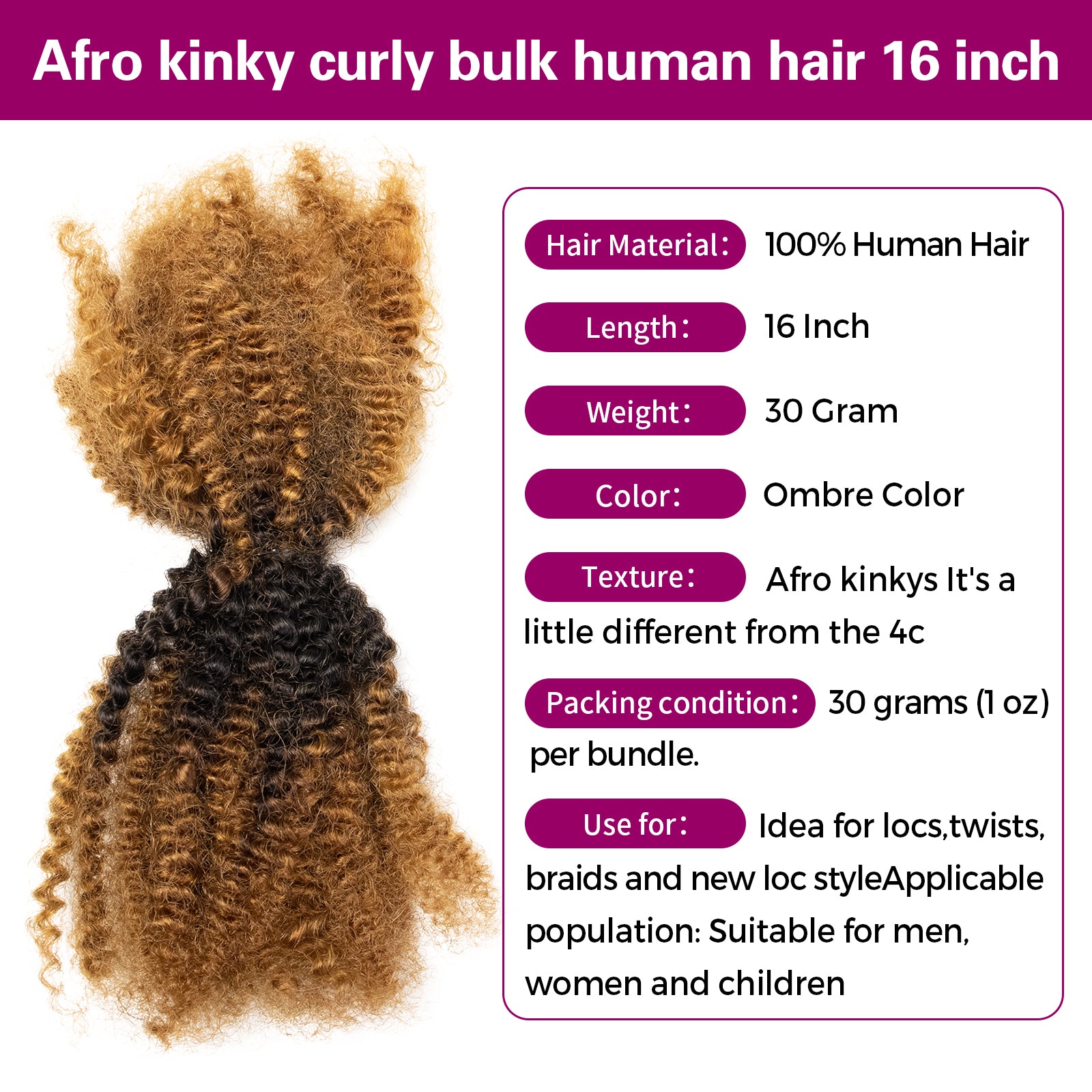 Exyhair Afro Kinky Curly Human Hair Bulk Curly Texture for Permanent Micro Locs,Twists, Braids, Repair Locs (#1B Natural Black)