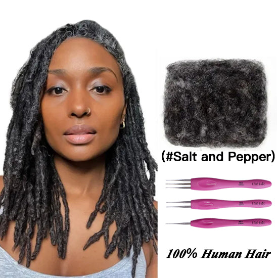 Exyhair #Salt and Pepper Tight Afro Kinky Bulk 100% Human Hair for Ideal to Make/ Repair Afro Hair Braids, Dreadlocks Extension, Afro Twist, with Crochet Hook