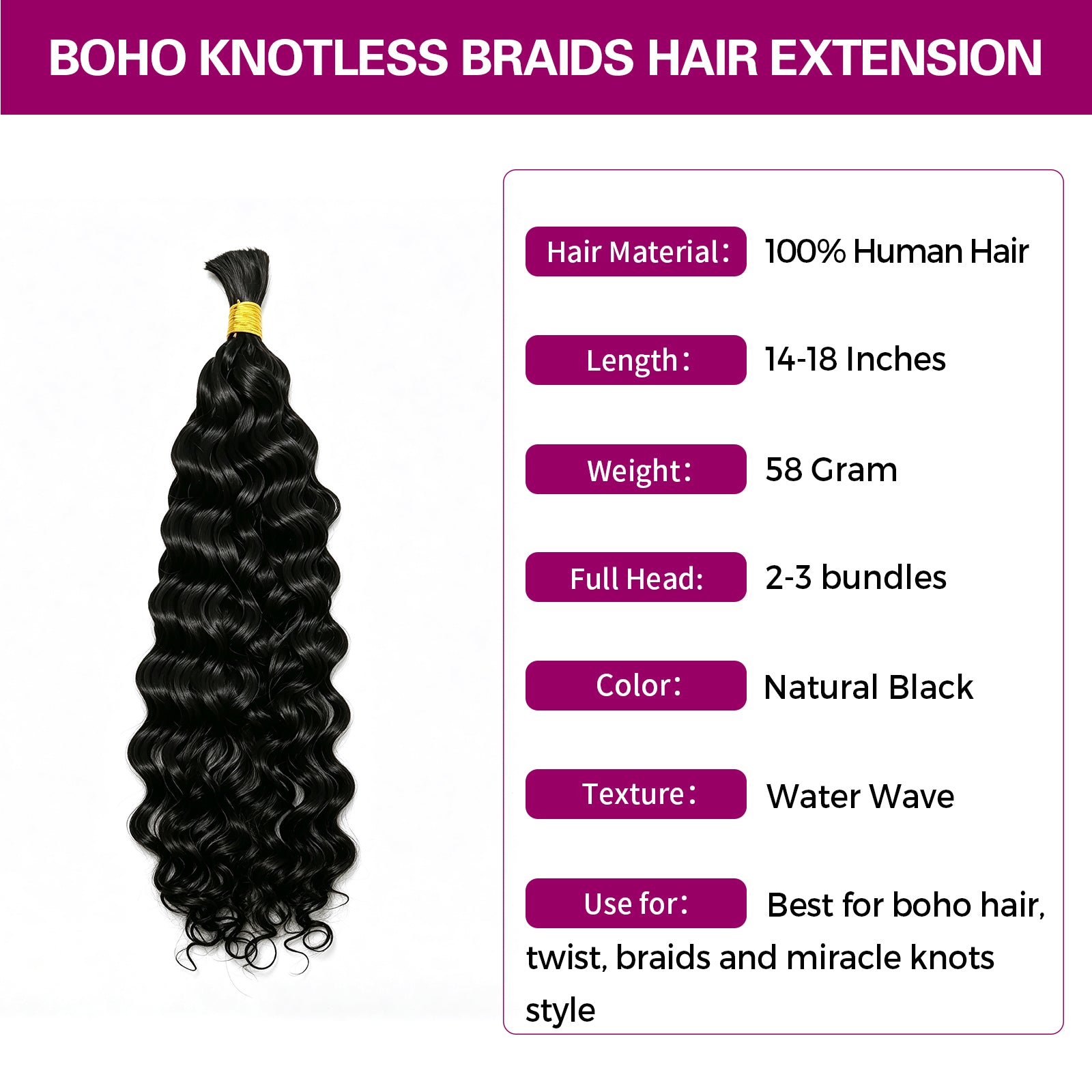 Exyhair 60G Water Wave Natural Black Bulk Human Hair Extensions for boho knotless braiding hair, twist, braids and miracle knots